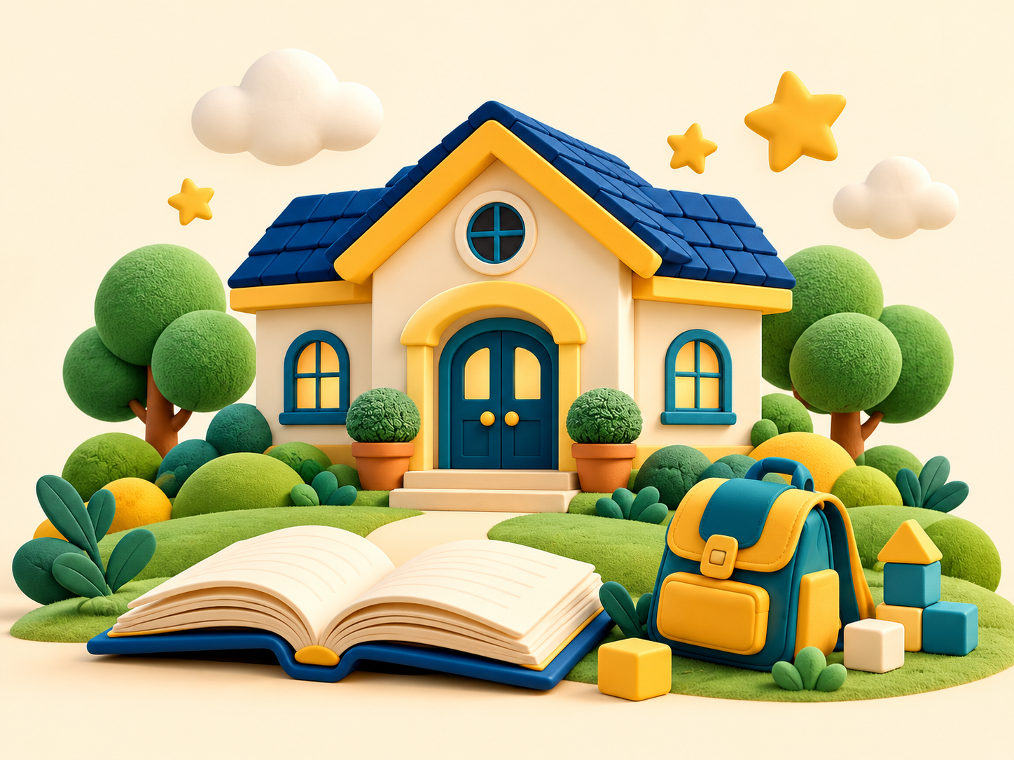 Ilustrasi 3D sekolah mini dengan buku terbuka, beg sekolah dan blok permainan